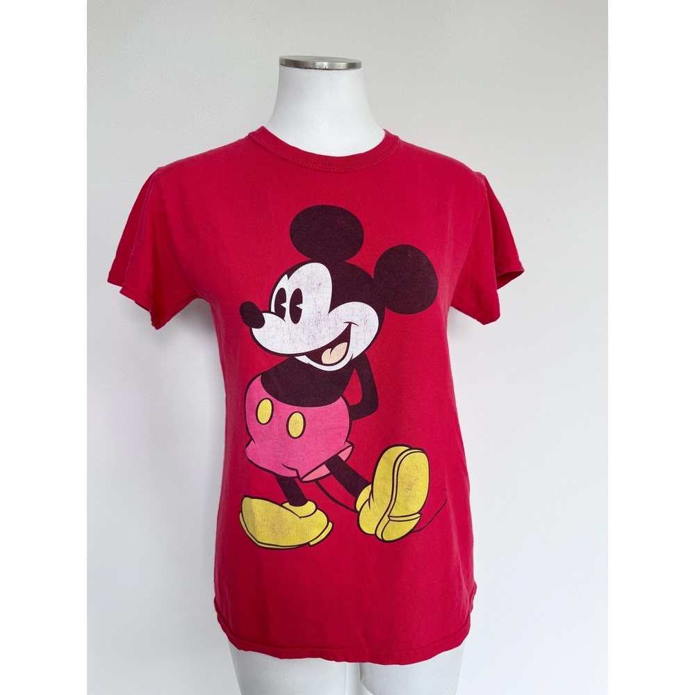 Disney Mickey Mouse Distressed Graphic T-Shirt Red Cotton Short Sleeve Small